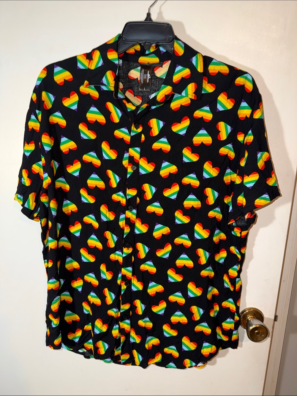 The Phluid Project PRIDE Black Short-Sleeve Button-Down Rainbow Heart Pattern